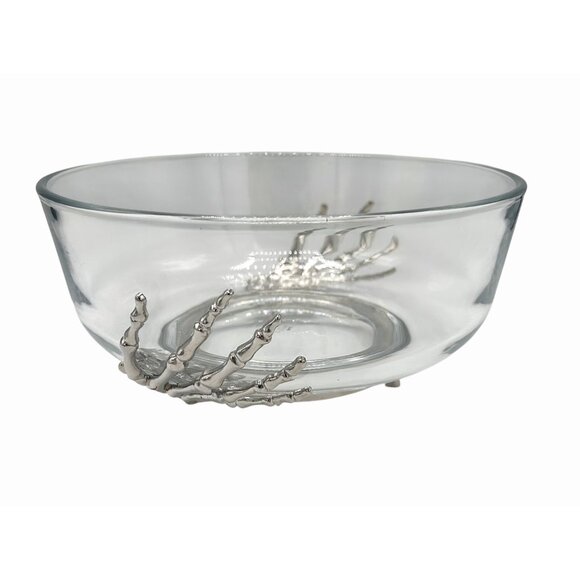 NWT TMD SILVER METAL SKELETON HANDS FOOTED GLASS BOWL HALLOWEEN GOTHIC CANDY - Picture 1 of 4